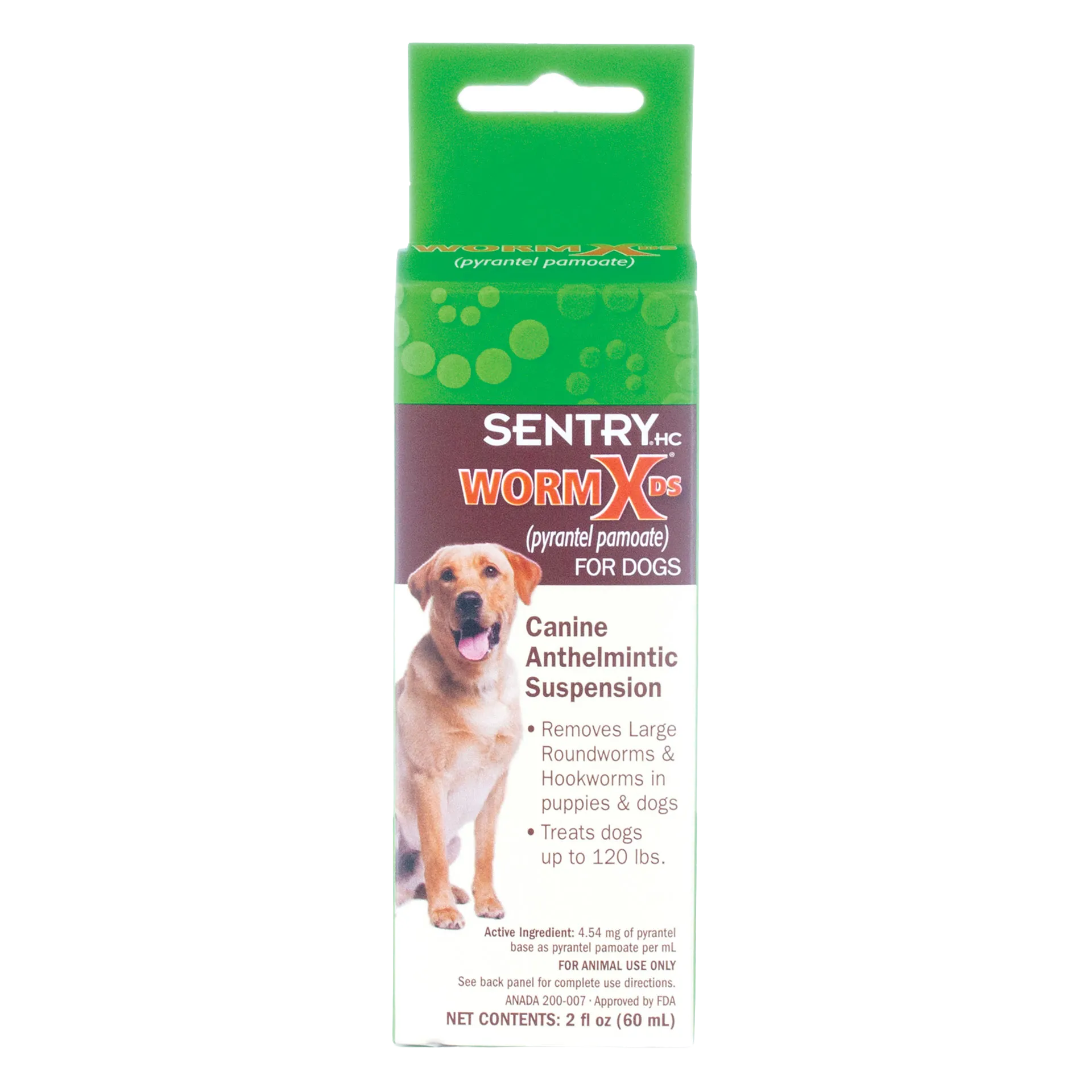 Sentry® WormX DS Liquid Dewormer,"Front view of green and white box with dog image"