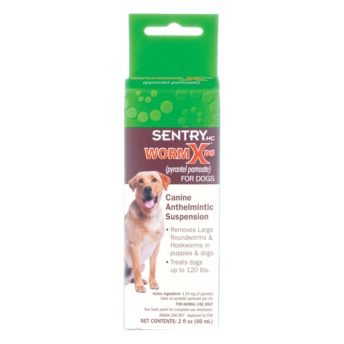 Sentry® WormX DS Liquid Dewormer,"Front view of green and white box with dog image"