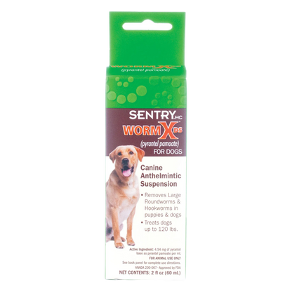 Sentry® WormX DS Liquid Dewormer,"Front view of green and white box with dog image"