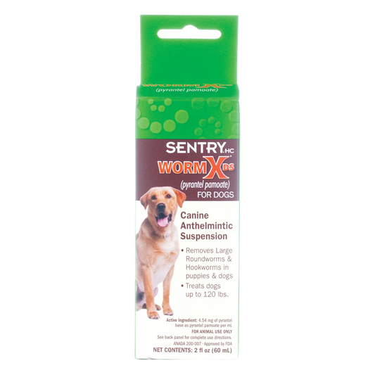 Sentry® WormX DS Liquid Dewormer,"Front view of green and white box with dog image"