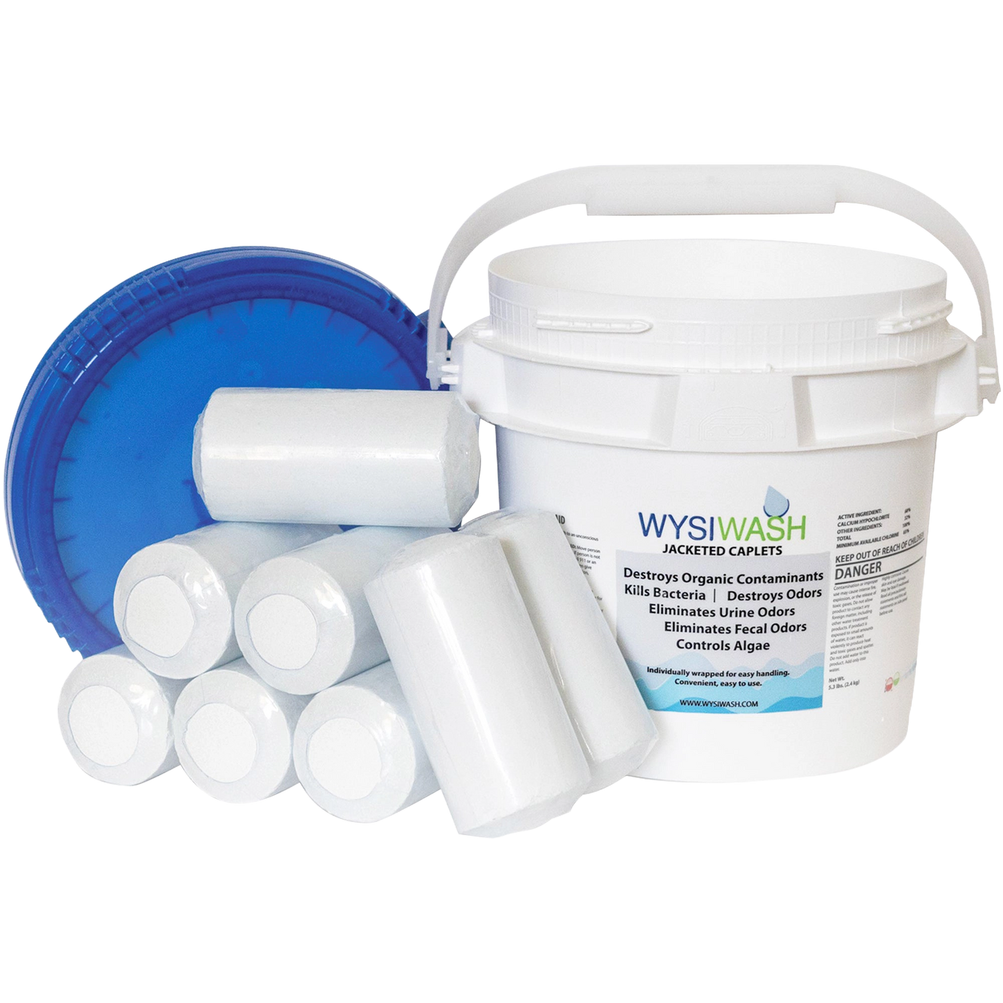 Wysiwash® Sanitizing System,"White bucket with blue lid and wrapped caplets"