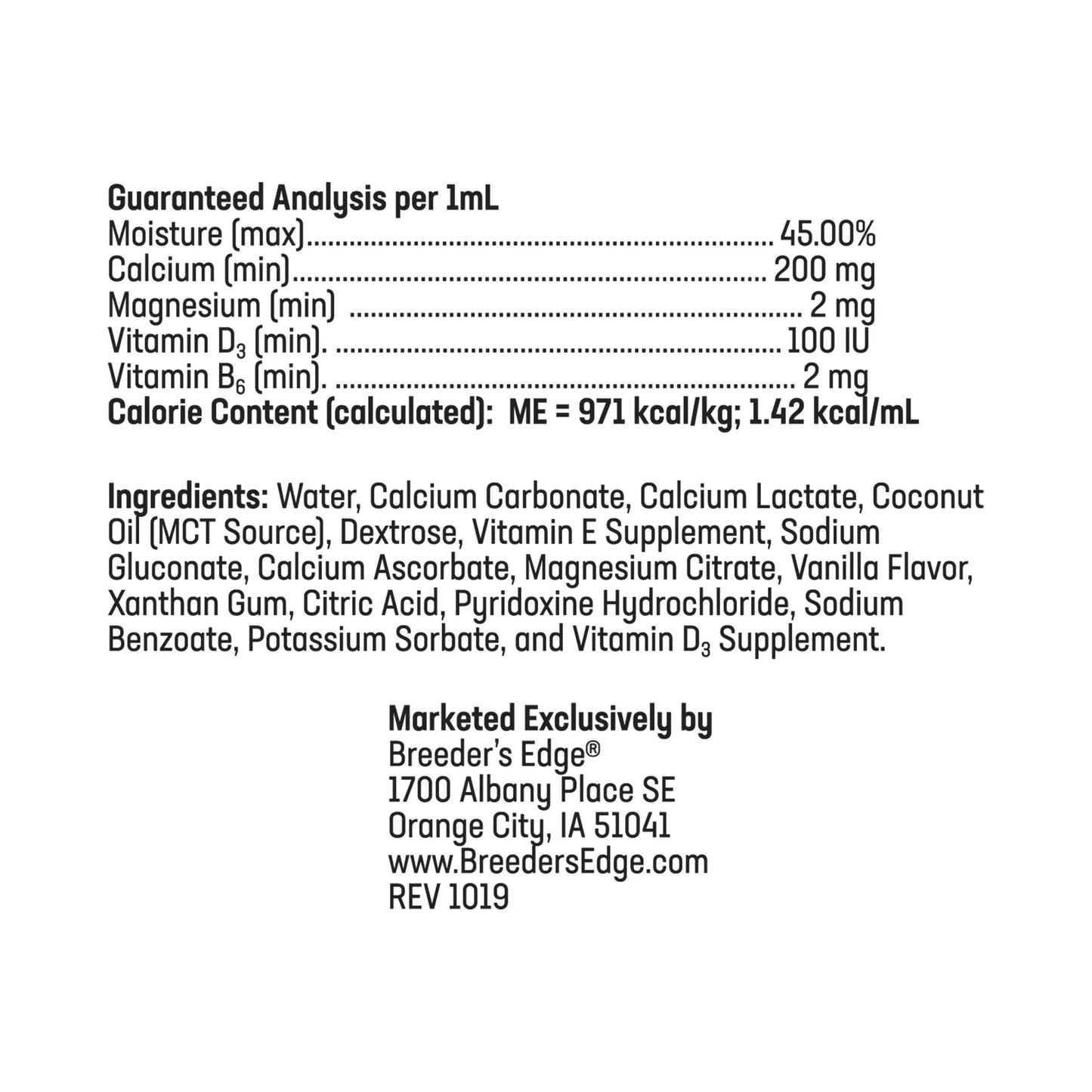 Breeder's Edge® Oral Cal Plus™ Gel,"Back label view of gel syringe packaging"