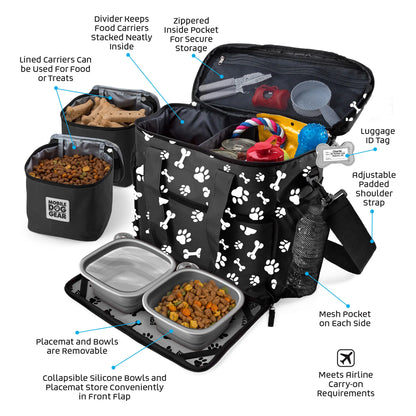 Week Away® Tote Bag,"Black travel tote with paw print, bowls, placemat, and food carriers"