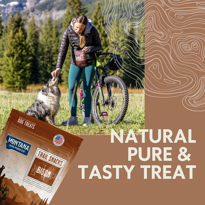 Trail Snacks: Freeze-Dried Raw Dog Treats,"Dog treat bag with woman, dog, and bicycle outdoors"