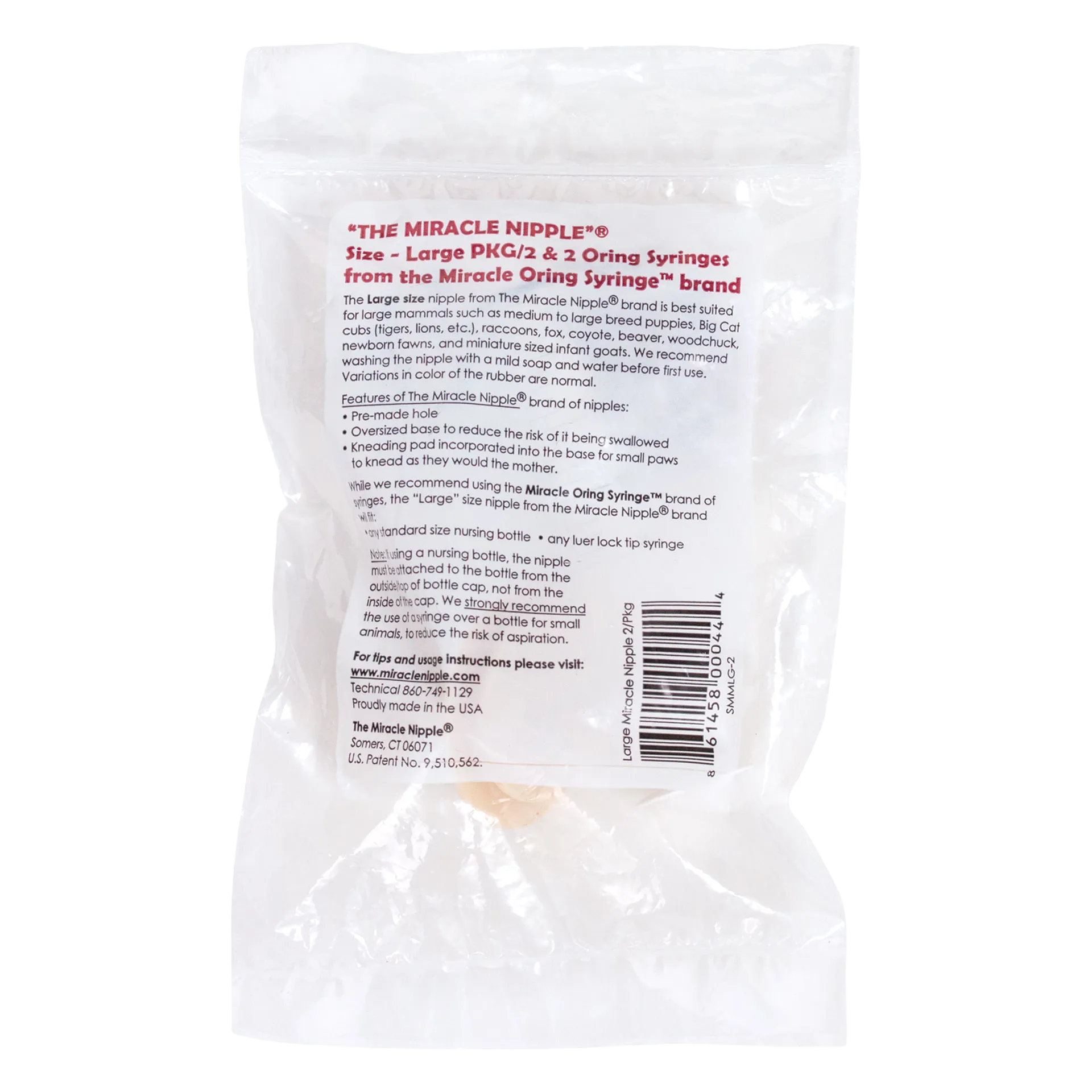 The Miracle Nipple® for Puppies,"Clear plastic bag with back label and feeding nipples inside"