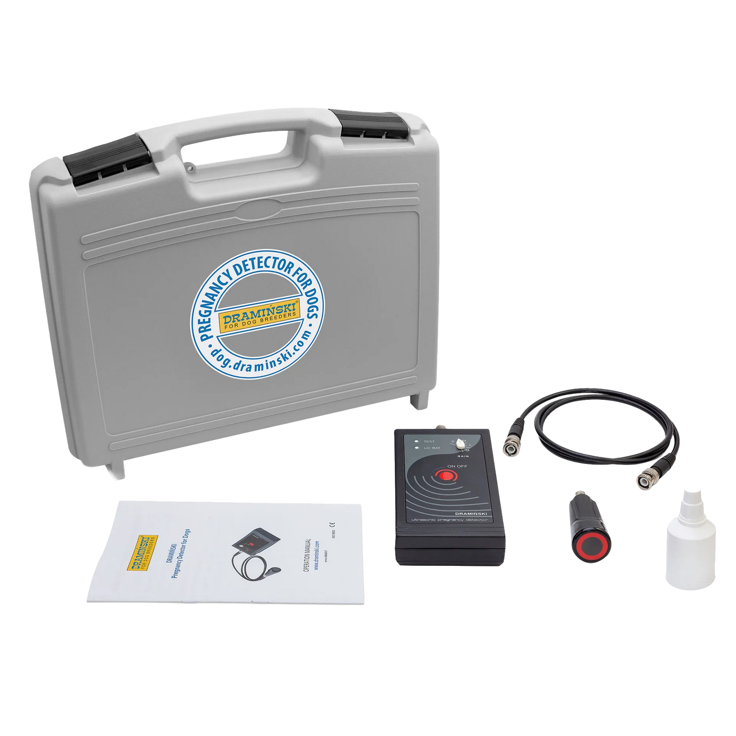 Draminski Dog Pregnancy Detector,"Gray carrying case with detector, cable, probe, bottle, and manual"
