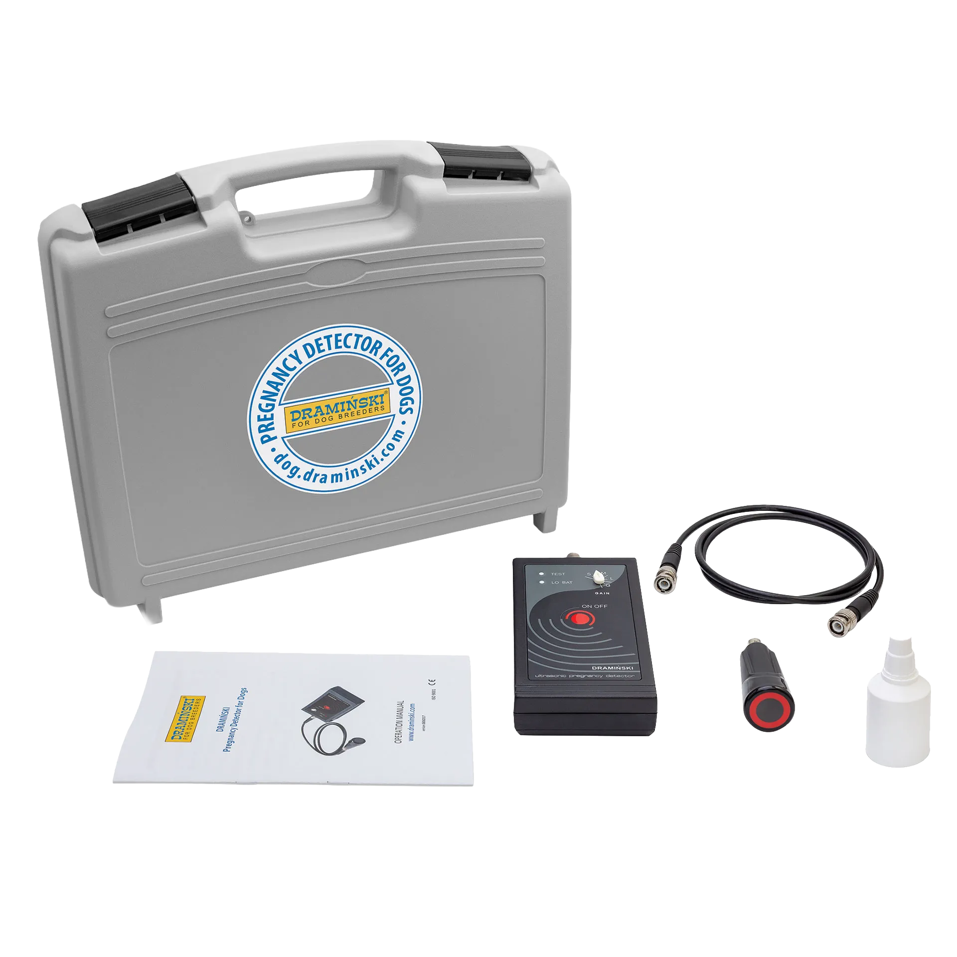 Draminski Dog Pregnancy Detector,"Gray carrying case with detector, cable, probe, bottle, and manual"