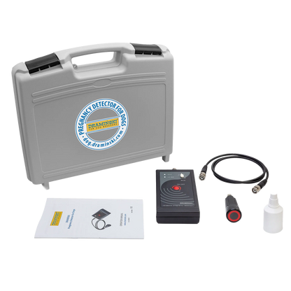 Draminski Dog Pregnancy Detector,"Gray carrying case with detector, cable, probe, bottle, and manual"