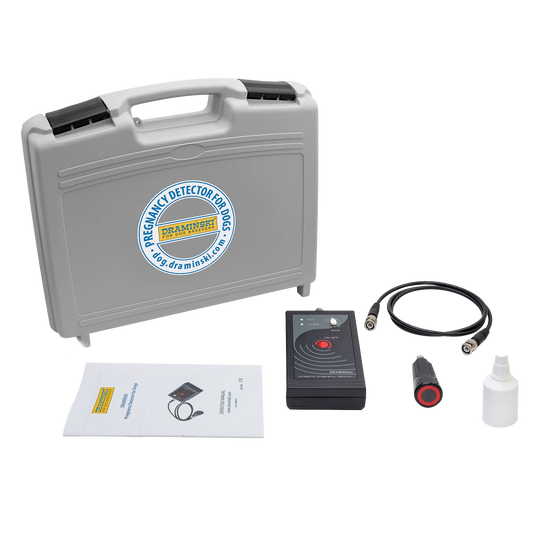 Draminski Dog Pregnancy Detector,"Gray carrying case with detector, cable, probe, bottle, and manual"