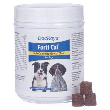 Doc Roy's® Forti Cal™,"Plastic supplement jar with three brown chew cubes"