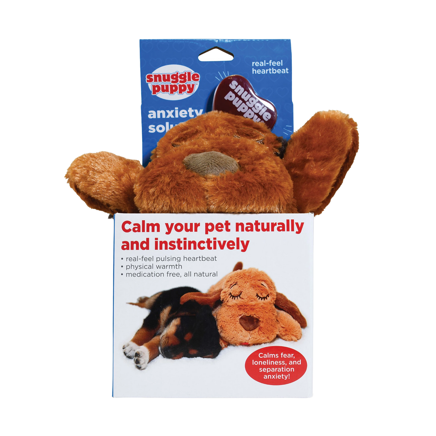 Snuggle Puppy & Kitten,"Brown plush dog toy peeking out of retail box"