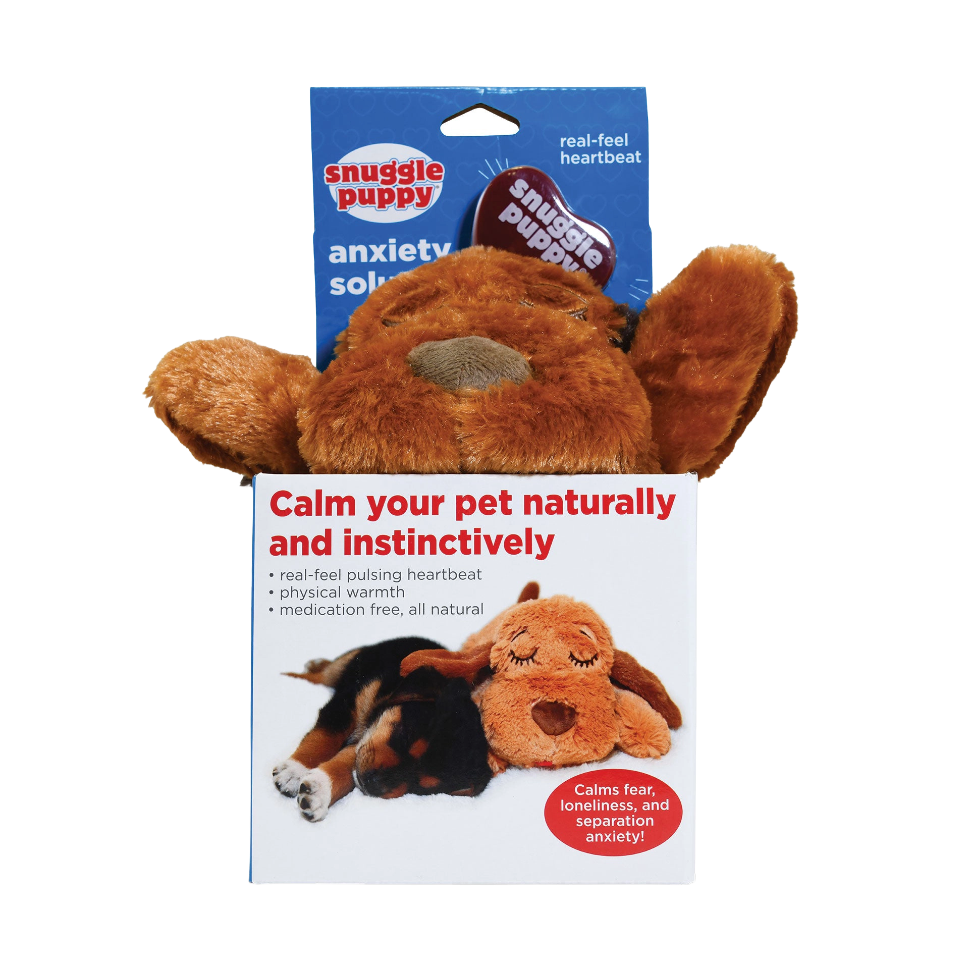 Snuggle Puppy & Kitten,"Brown plush dog toy peeking out of retail box"