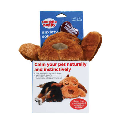 Snuggle Puppy & Kitten,"Brown plush dog toy peeking out of retail box"