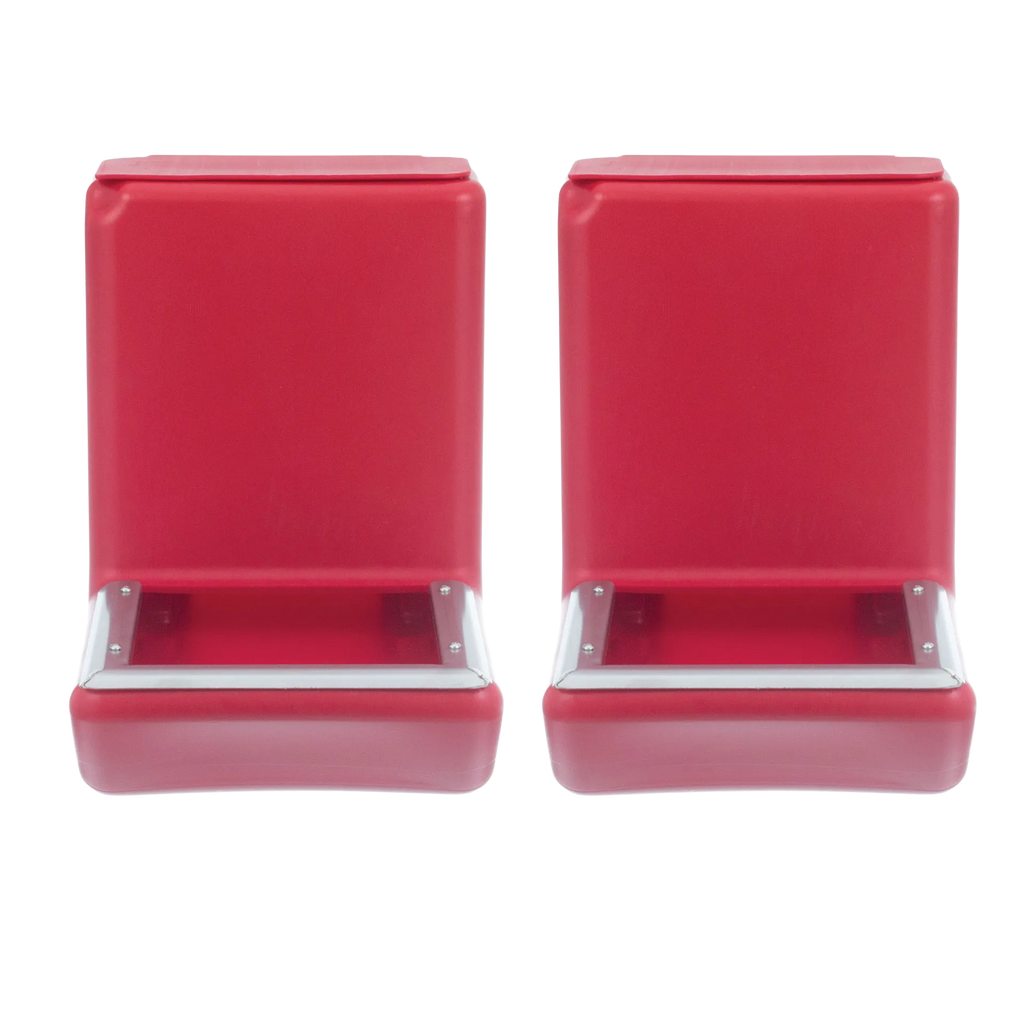 Kane Kennel Feeder,"Pair of red metal feeders with front openings"