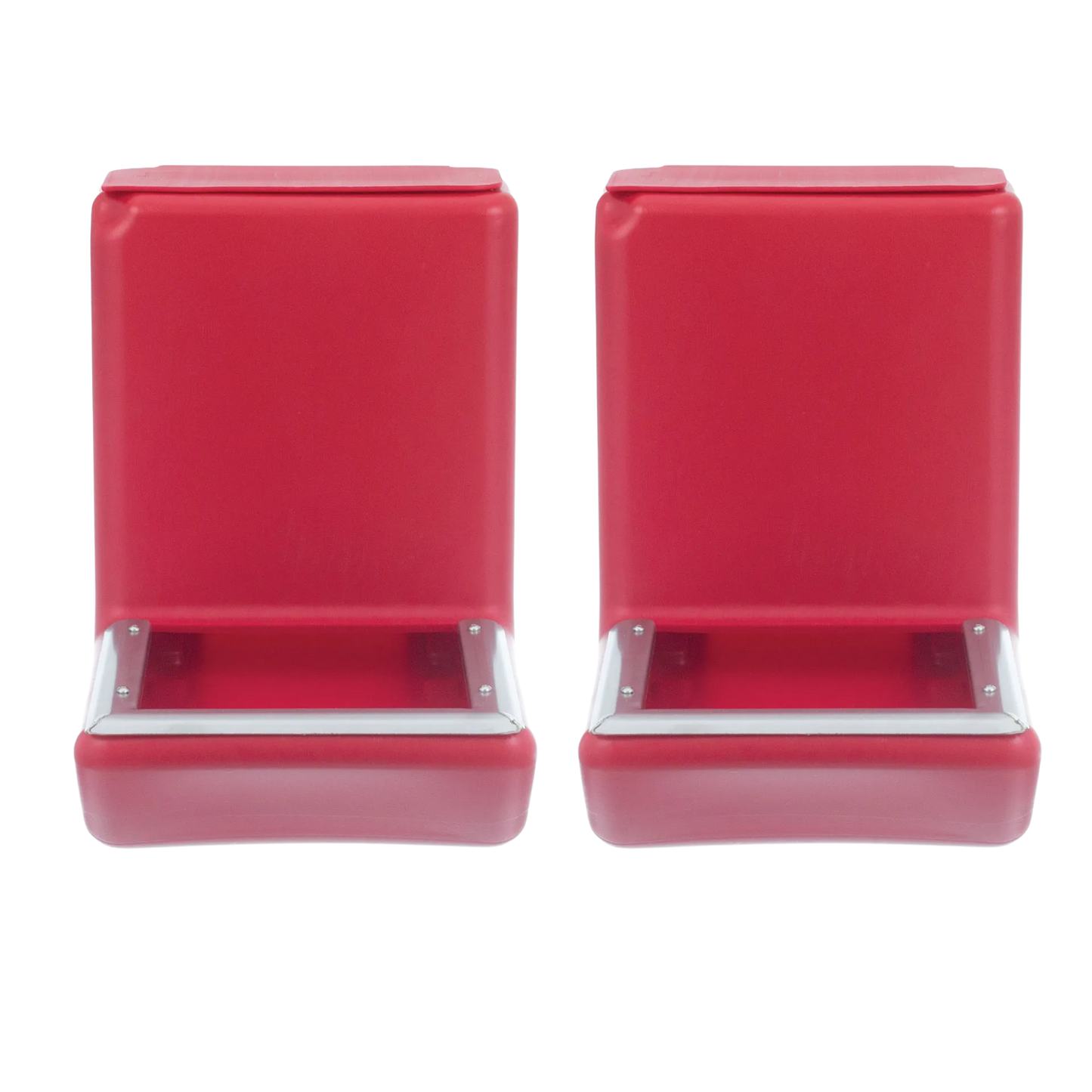Kane Kennel Feeder,"Pair of red metal feeders with front openings"