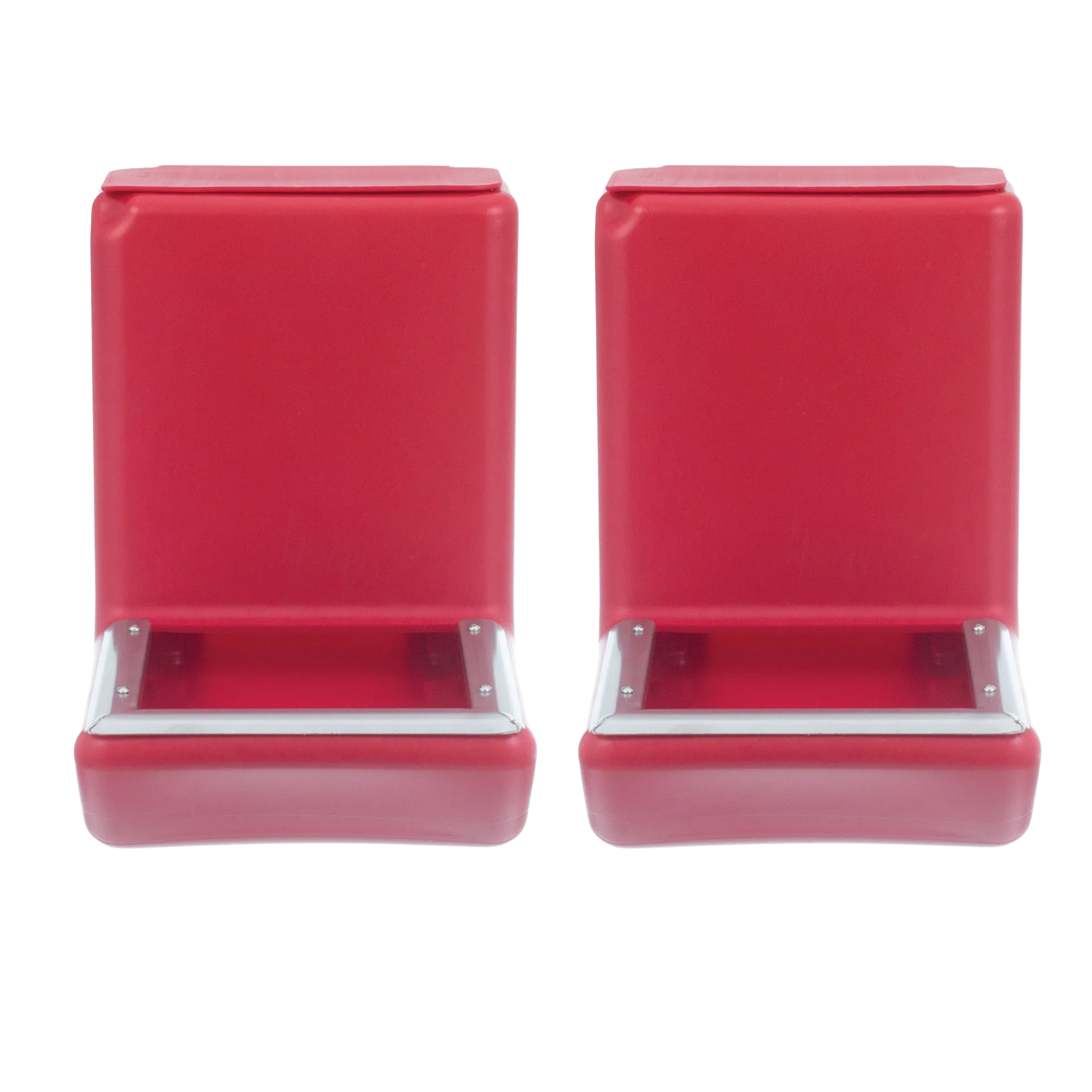 Kane Kennel Feeder,"Pair of red metal feeders with front openings"