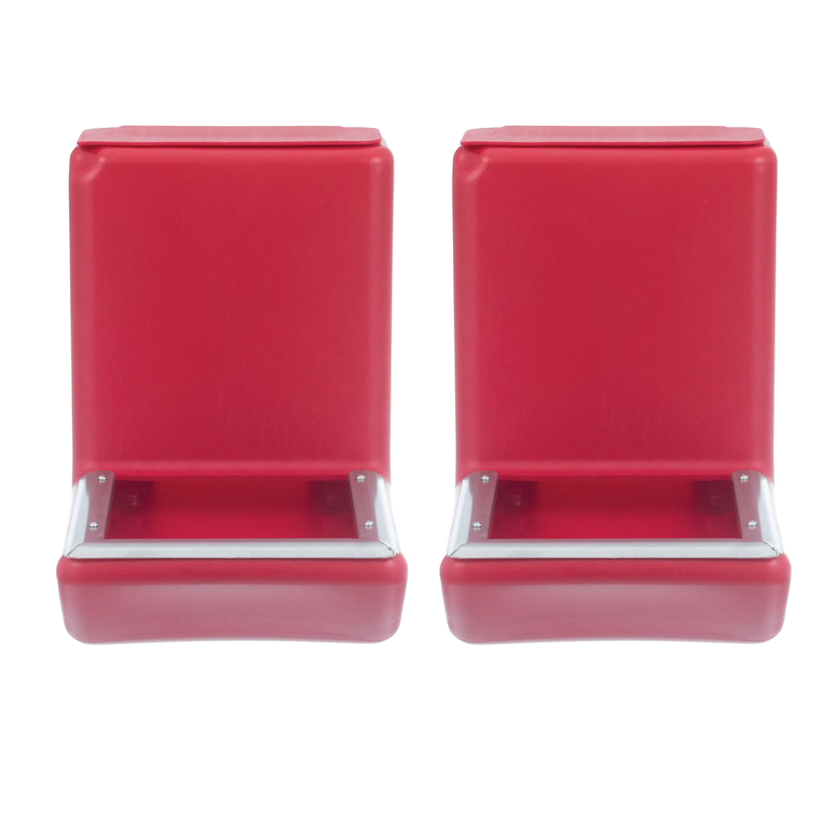 Kane Kennel Feeder,"Pair of red metal feeders with front openings"