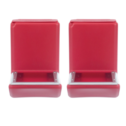 Kane Kennel Feeder,"Pair of red metal feeders with front openings"