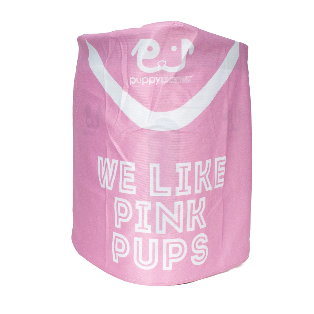 Puppywarmer Cover,"Pink fabric cover with white dog face graphic"
