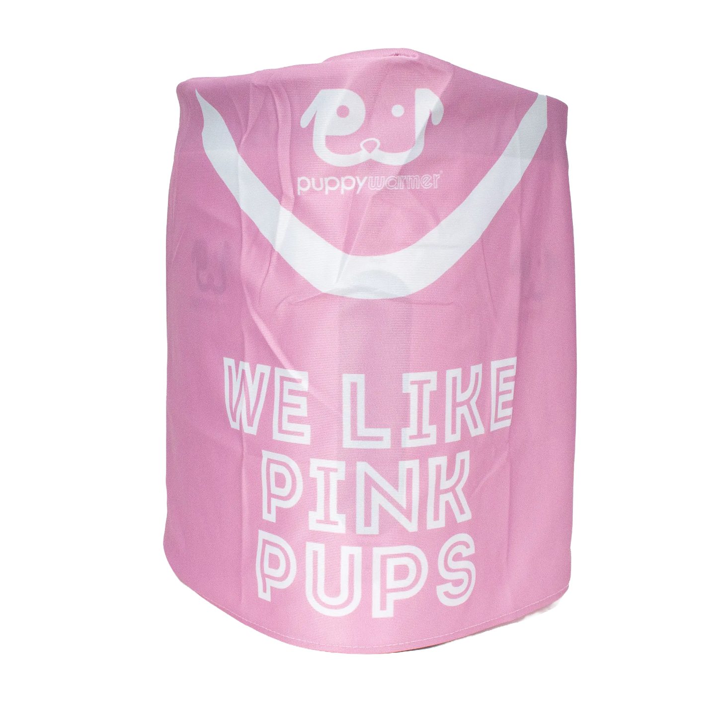 Puppywarmer Cover,"Pink fabric cover with white dog face graphic"