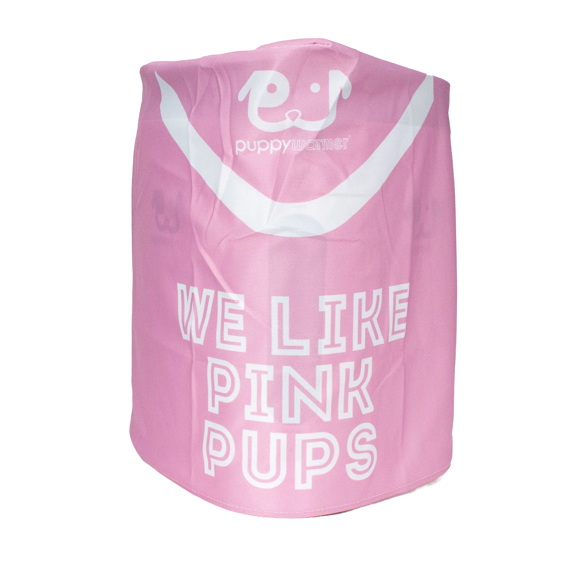 Puppywarmer Cover,"Pink fabric cover with white dog face graphic"