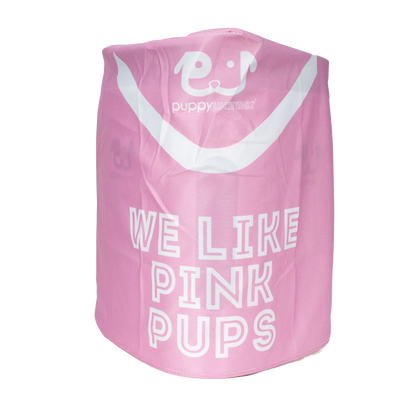 Puppywarmer Cover,"Pink fabric cover with white dog face graphic"