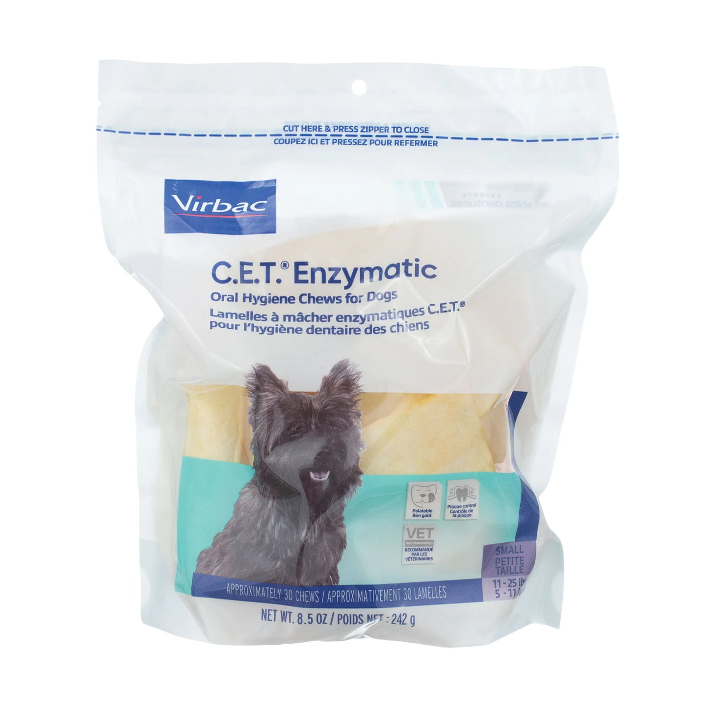 C.E.T.® Enzymatic Oral Hygiene Chews for Dogs,"Resealable chew bag with dog image and visible chews"