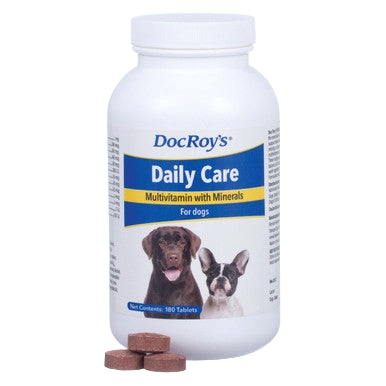 Doc Roy's® Daily Care Canine,"White supplement bottle with dog label and tablets"