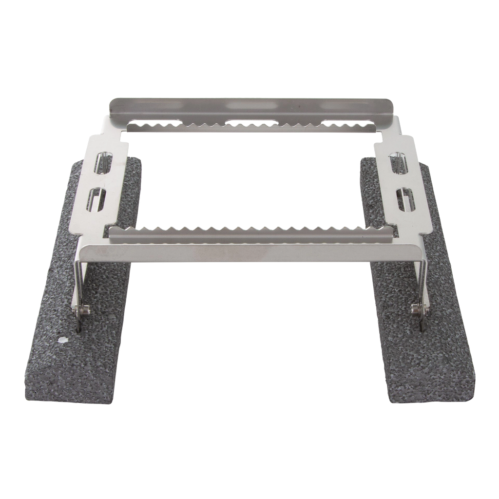 Floating Straw Rack,"Metal rack with black foam floats and slotted side supports"