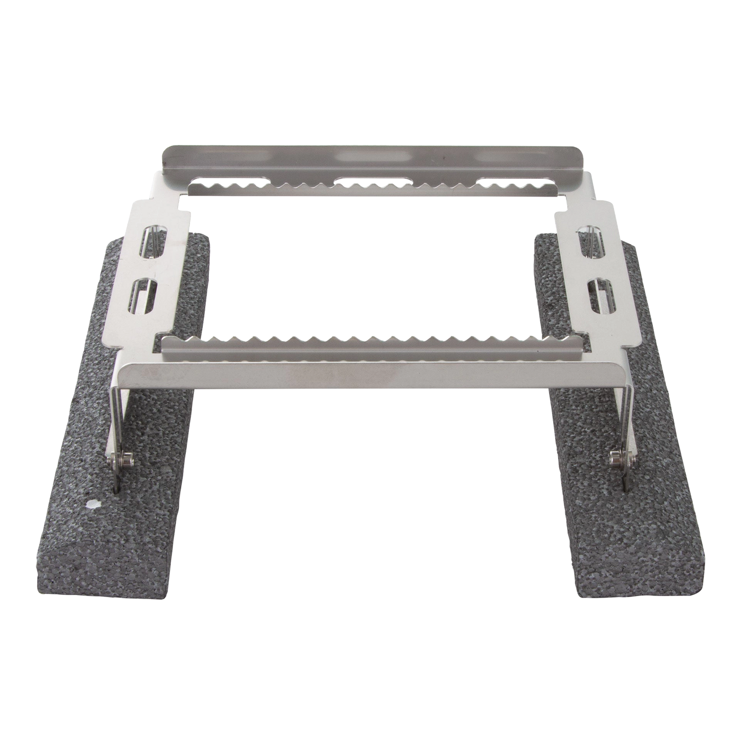 Floating Straw Rack,"Metal rack with black foam floats and slotted side supports"