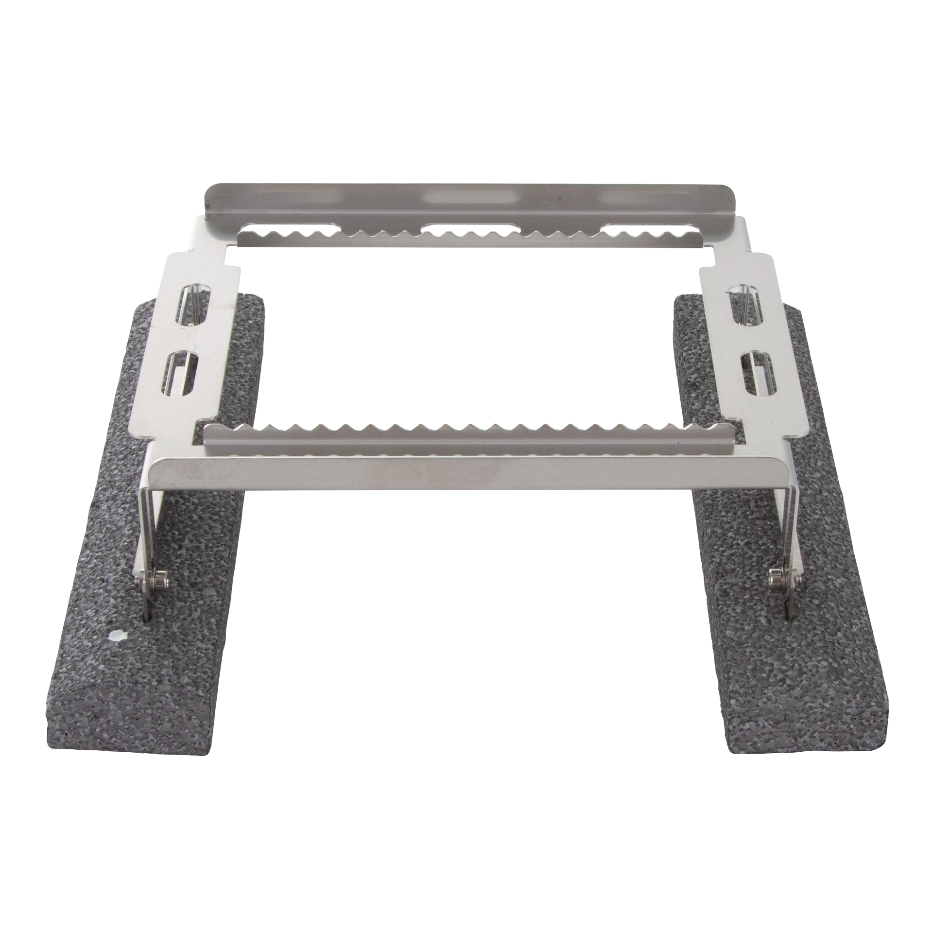 Floating Straw Rack,"Metal rack with black foam floats and slotted side supports"