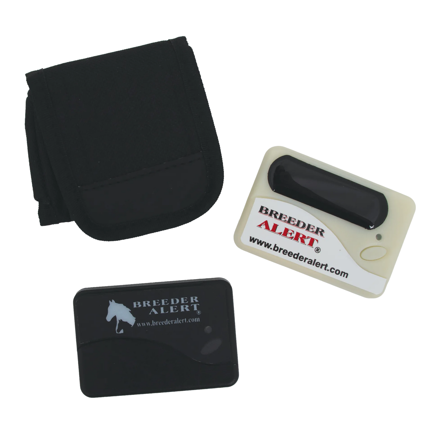 Breeder Alert Halter Foaling Alarm Monitoring System,"Black pouch with two monitoring units"