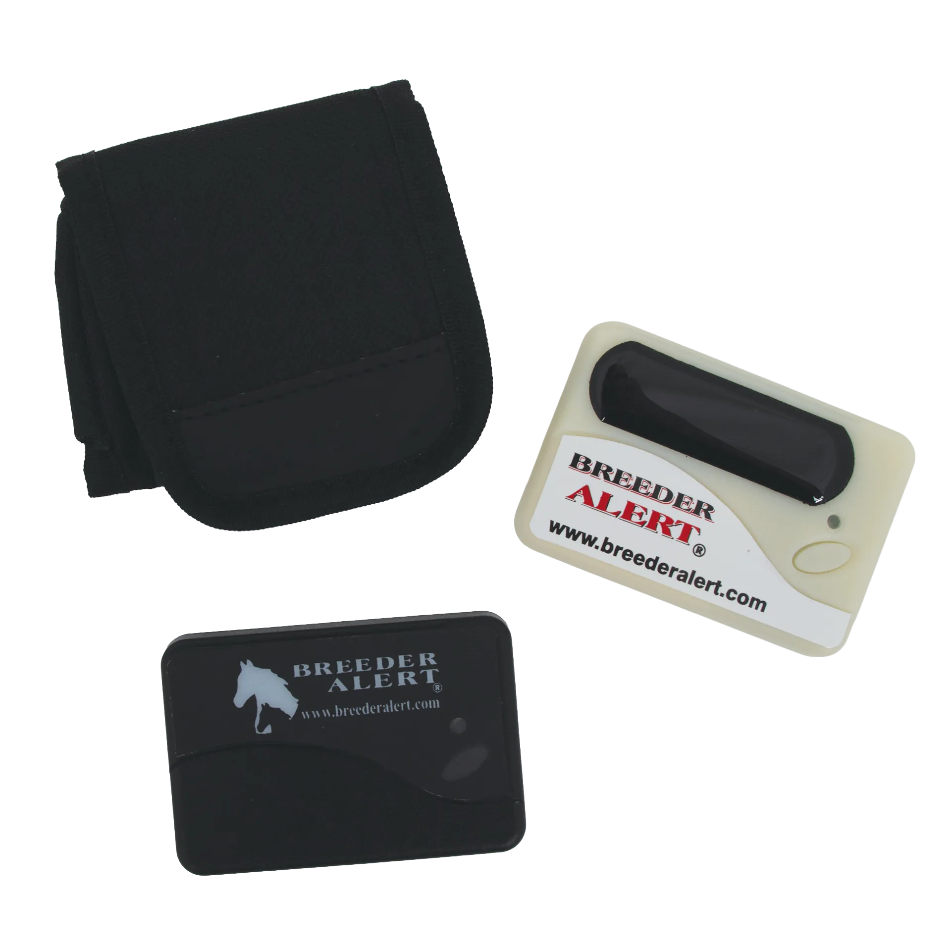 Breeder Alert Halter Foaling Alarm Monitoring System,"Black pouch with two monitoring units"