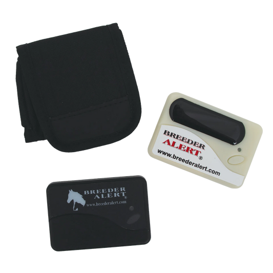 Breeder Alert Halter Foaling Alarm Monitoring System,"Black pouch with two monitoring units"