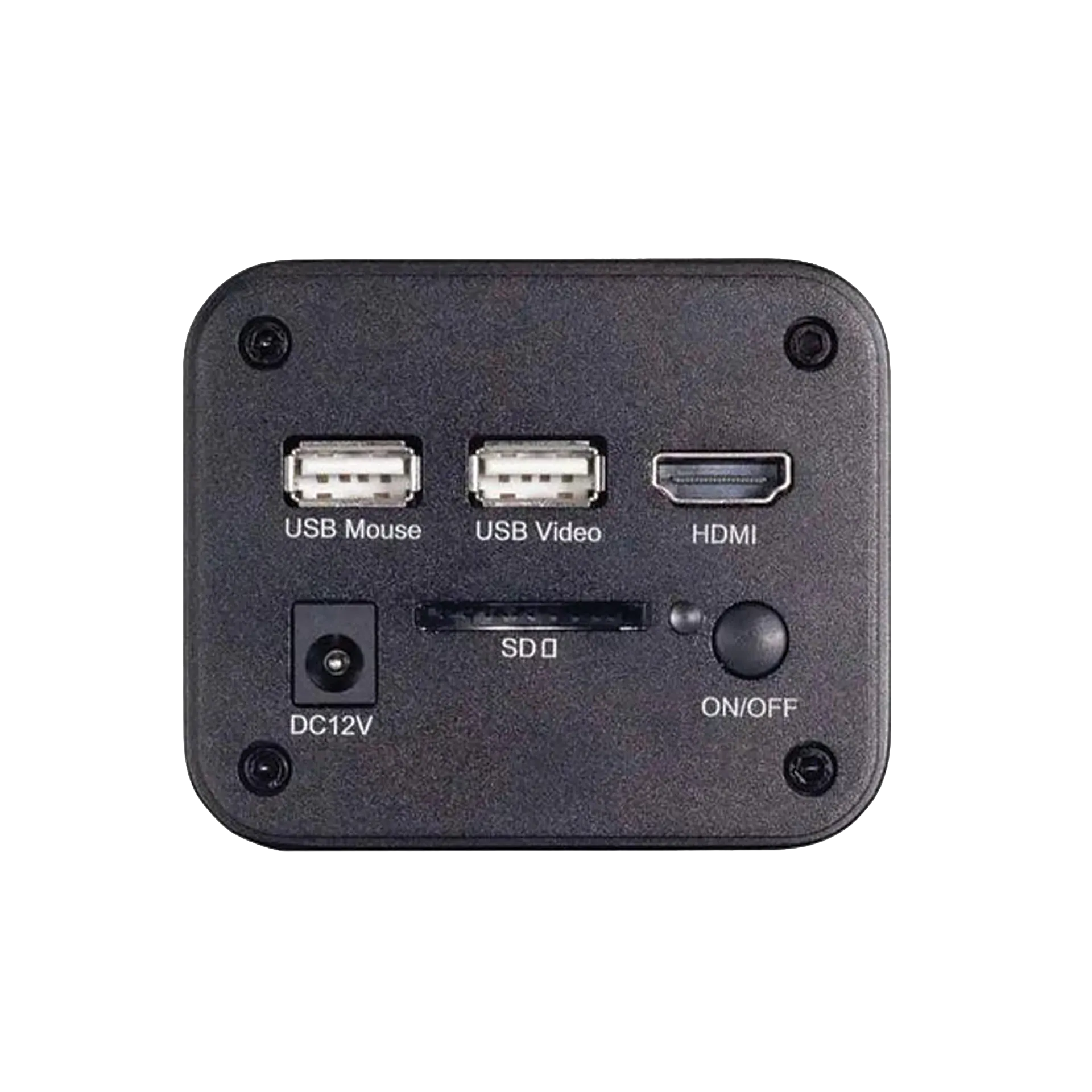 BioVID 4K 8MP Ultra HD Microscope Camera,"Rear panel with USB, HDMI, SD slot, power jack and on/off button"