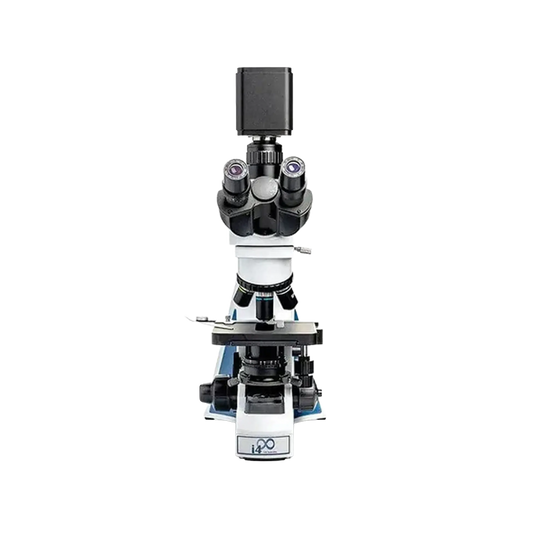 BioVID 4K 8MP Ultra HD Microscope Camera,"Microscope with top-mounted camera and dual eyepieces"