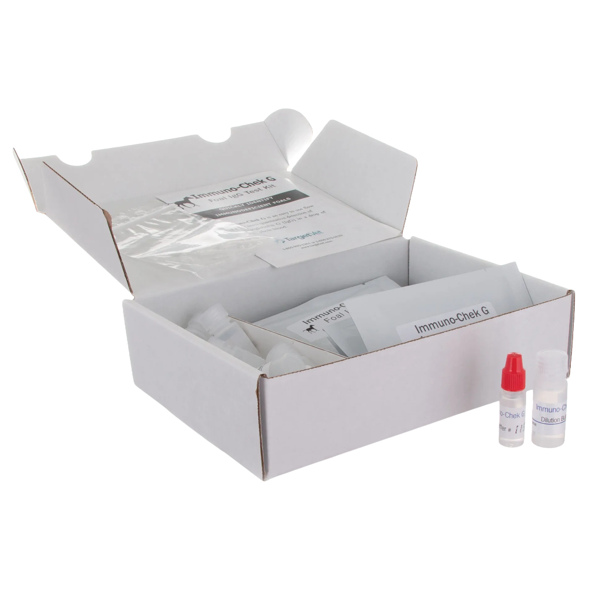 IgG Immunocheck,"Open test kit box with inserts and two small reagent vials"