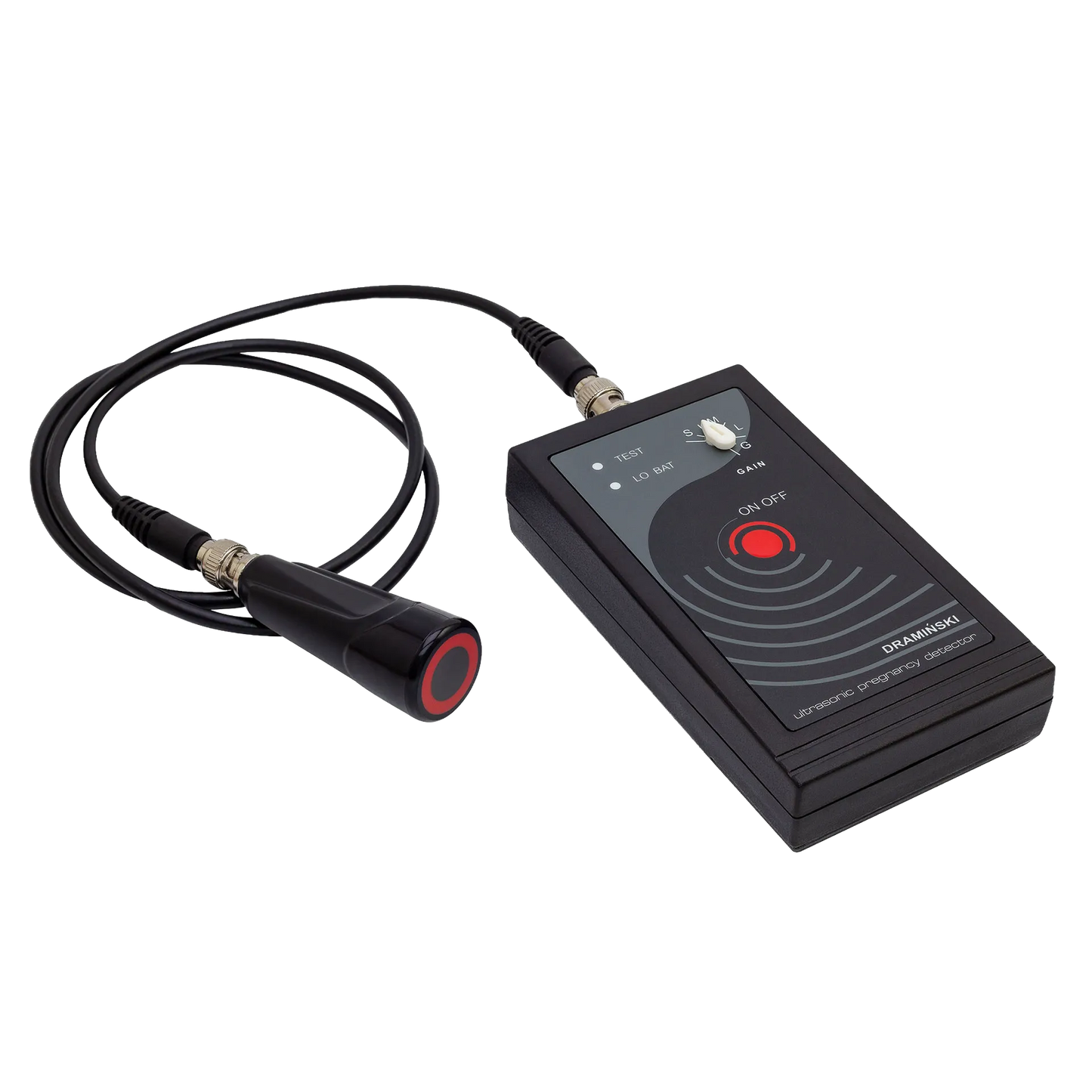 Draminski Dog Pregnancy Detector,"Black handheld detector with attached probe and coiled cable"