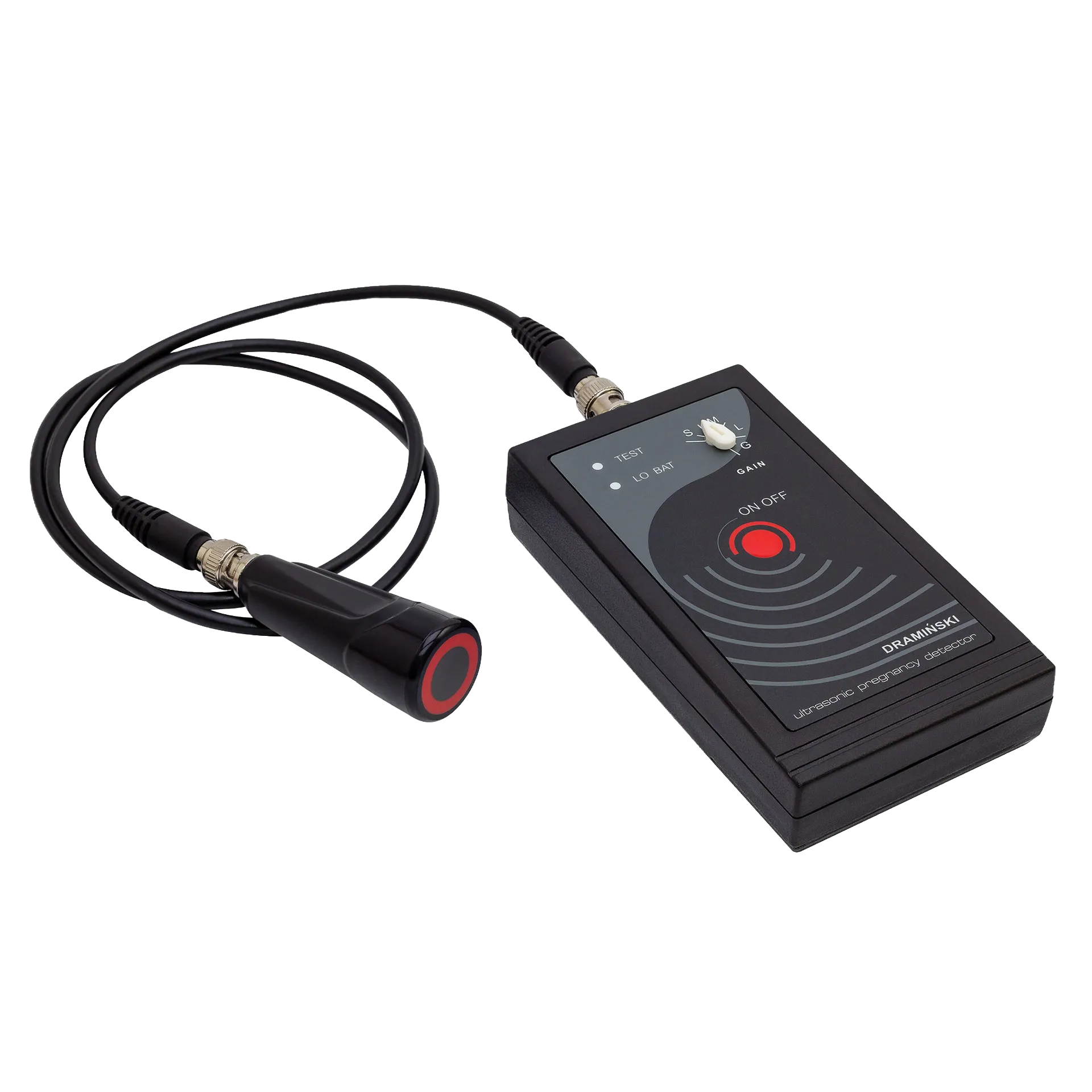 Draminski Dog Pregnancy Detector,"Black handheld detector with attached probe and coiled cable"