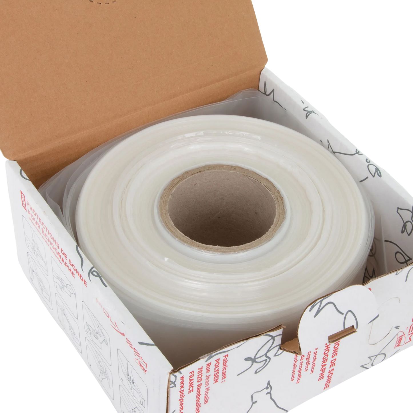 Ultrasound Probe Protector,"Clear rolled sleeve in open dispenser box"