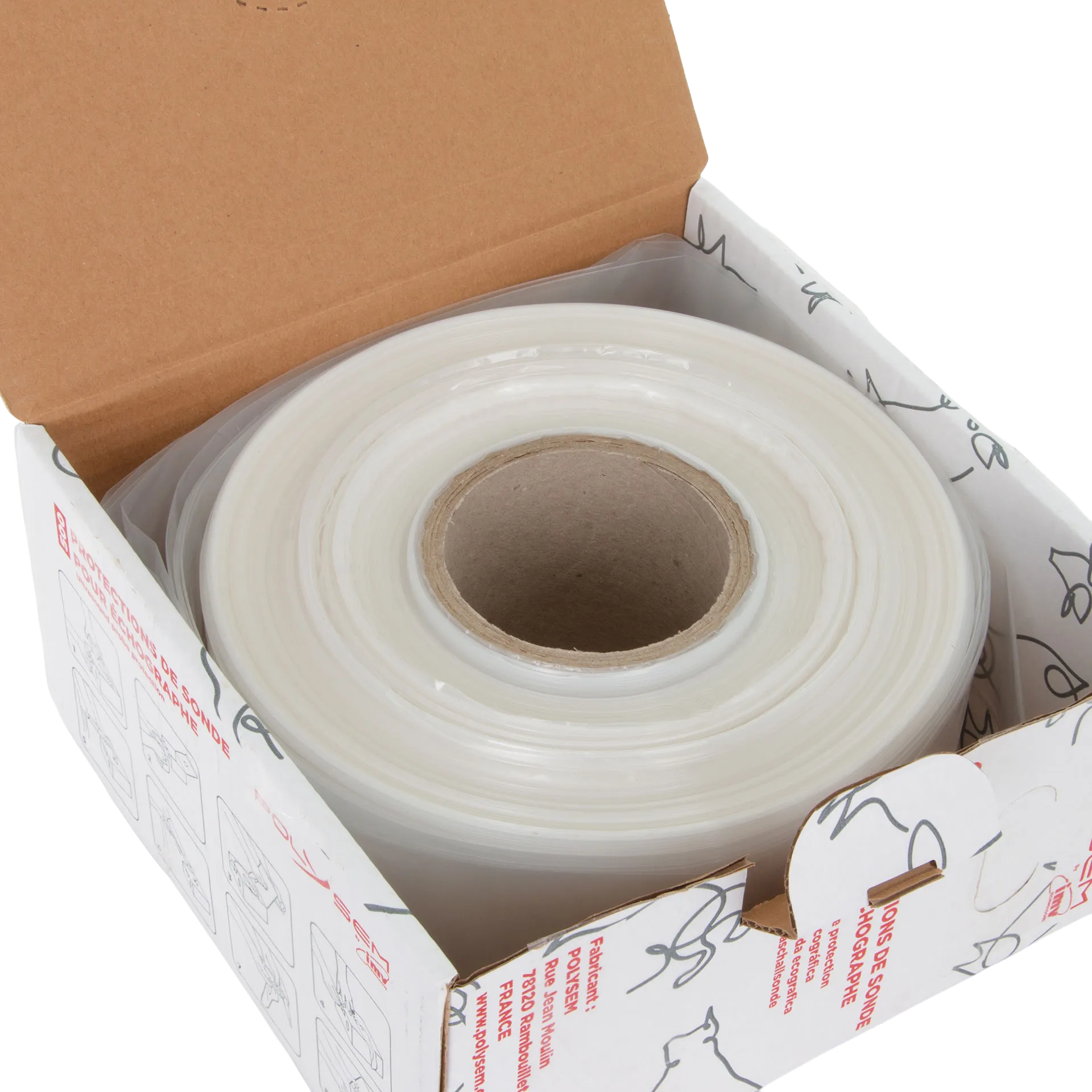 Ultrasound Probe Protector,"Clear rolled sleeve in open dispenser box"