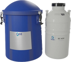Tank SC 4/2V Tank with Protective Shipping Cover,"Tank with blue protective shipping cover beside white storage vessel"