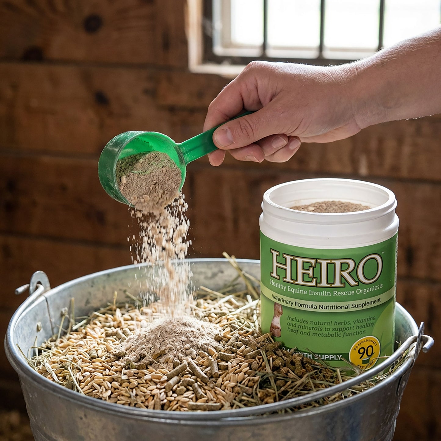 Heiro™,"Green tub beside feed bucket with scoop pouring powder"