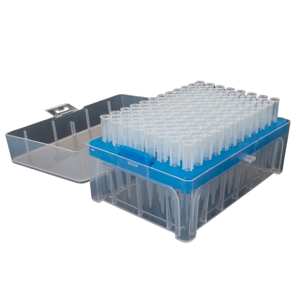 10-100ul Micropipettor Tips,"Blue rack of clear pipette tips with open hinged lid"