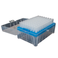 10-100ul Micropipettor Tips,"Blue rack of clear pipette tips with open hinged lid"