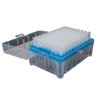 10-100ul Micropipettor Tips,"Blue rack of clear pipette tips with open hinged lid"