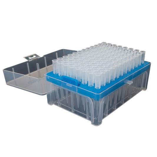10-100ul Micropipettor Tips,"Blue rack of clear pipette tips with open hinged lid"
