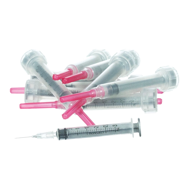 3cc MonoJect™ Syringes with 25 gauge Needles,"Group of clear syringes with pink needle caps, one uncapped in front"