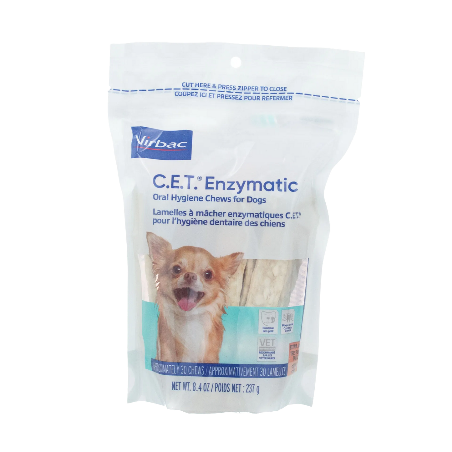 C.E.T.® Enzymatic Oral Hygiene Chews for Dogs,"Resealable chew pouch with small dog image and visible chews"