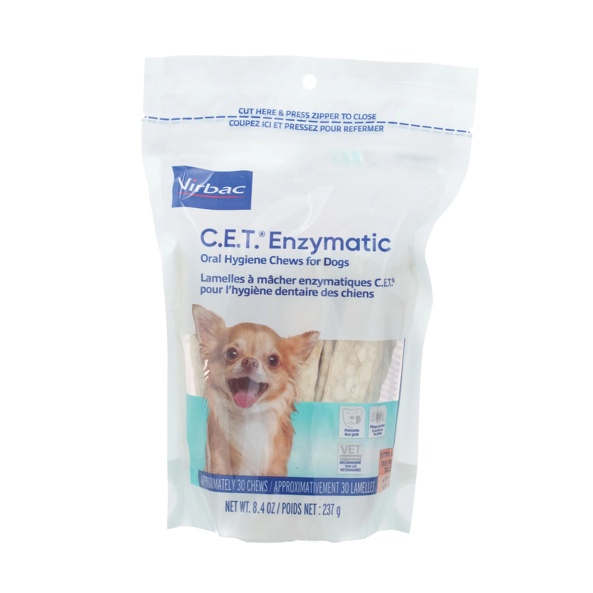 C.E.T.® Enzymatic Oral Hygiene Chews for Dogs,"Resealable chew pouch with small dog image and visible chews"